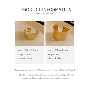 Detailed view of wide and narrow gold textured metal cuff bracelets with product specs