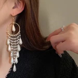 French Vintage Palace Style Long Tassel Drop Earrings For Women Alloy Rhinestone Artificial Pearl Gold Round Hoop Jewelry Gift