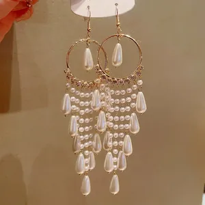 French retro court style gold dangle earrings with zircon and pearl tassels