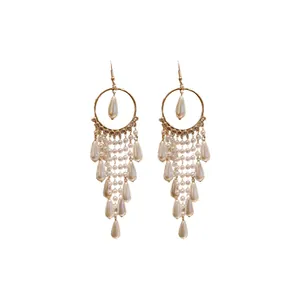 Exquisite vintage court style zircon and teardrop pearl long tassel dangle earrings