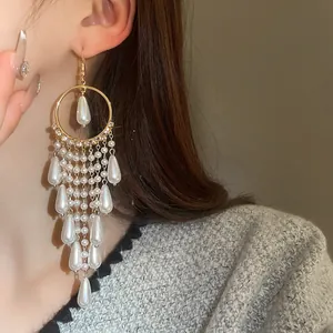Elegant pearl tassel drop earrings in vintage French style for women, jewelry accessory
