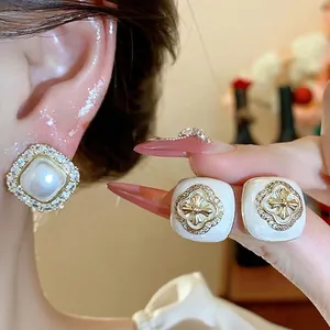 Elegant silver needle square pearl and zircon floral stud earrings with French vintage style