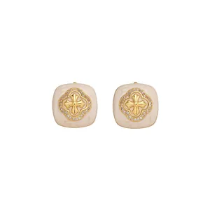 Elegant French-style square enamel stud earrings with gold flower and zircon details
