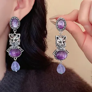 Vintage Alloy Purple Rhinestone Cat Mask Drop Earrings For Women Elegant Silver Earring Post Exquisite Heavy Industry Ear Jewelry