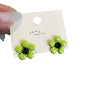 Chic green flower resin stud earrings with silver needles in Mori style for women