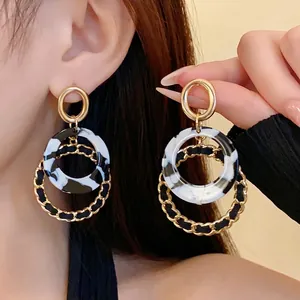 Korean Style Geometric Drop Earrings Vintage Gold Twisted Chain Marbled Resin Alloy Earrings 925 Silver Post Women Jewelry
