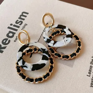 Vintage Korean style double hoop earrings with black and white marble resin and gold chain