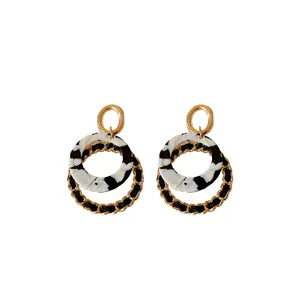 Elegant Korean style vintage geometric double hoop earrings with marble and gold chain design