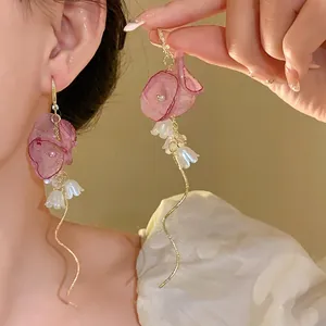 Chiffon Flower Dangle Earrings with Zirconia Artificial Pearl Long Tassel Sweet Floral Hook Earrings for Women Jewelry