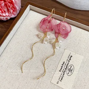 Elegant chiffon flower bud tassel hook earrings with zircon and pearls for women