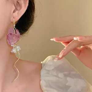 Elegant chiffon flower bud tassel earrings with white lily of the valley charms for women