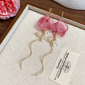Elegant French style chiffon flower bud earrings with lily of the valley tassels and pearls