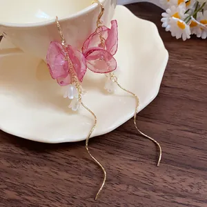 Elegant pink chiffon flower bud tassel ear hook earrings with delicate pearl beads