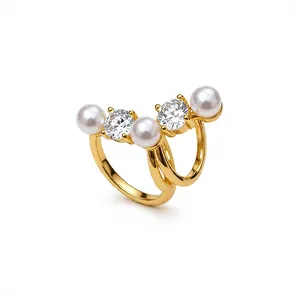Elegant gold ear cuff earrings with sparkling zircons and pearls for non-pierced ears