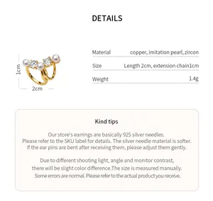 Product details and dimensions for elegant pearl and zircon ear cuffs for non-pierced ears
