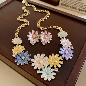 Pastoral style colorful enamel daisy necklace with rhinestones and matching earrings