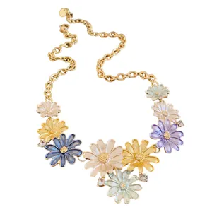 Colorful enamel daisy flower necklace with sparkly rhinestones and elegant gold-tone chain