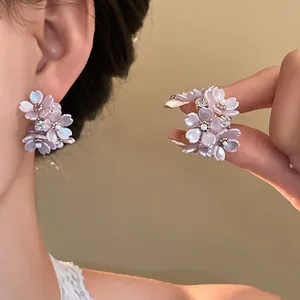 Elegant lavender floral stud earrings with crystals and S925 silver needles for women