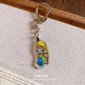 Cute banana cat acrylic keychain featuring meme crying cat in banana costume for bags.