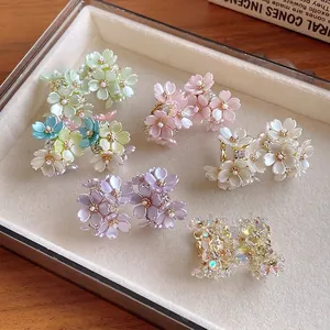 Dainty French style flower stud earrings with rhinestones in various pastel colors