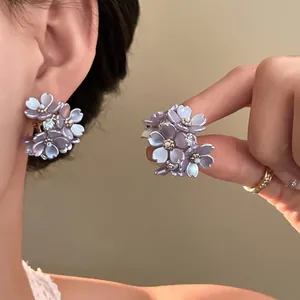 Exquisite lavender floral cluster stud earrings with rhinestones and s925 silver needles