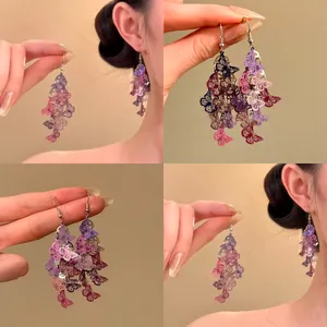Hollow Butterfly Tassel Drop Earrings For Women Vintage Ethnic Style Gradient Color Metal Dangle Earrings Sweet Jewelry