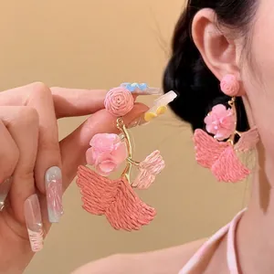 Handmade Raffia Ginkgo Leaf Floral Stud Earrings With Silver Earring Post Bohemian Light Luxury Summer Beach Jewelry For Women