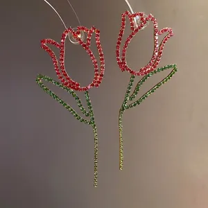 Exquisite silver needle tulip earrings featuring vibrant red and green rhinestones