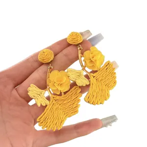 Elegant yellow raffia ginkgo leaf and floral drop earrings for women fashion