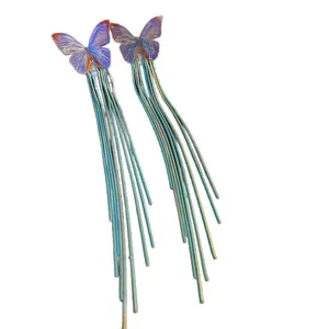Fairy butterfly tassel drop earrings with blue purple gradient wings and long fringe dangles