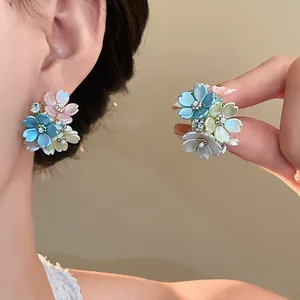 Elegant French style floral stud earrings with rhinestones in soft pastel colors for women