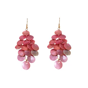 Elegant tiered pink shell disc tassel drop earrings for bohemian summer beach vacation style