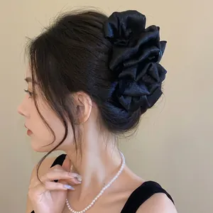 Elegant black fabric multi-layered rose flower hair claw clip for stylish updo hairstyles