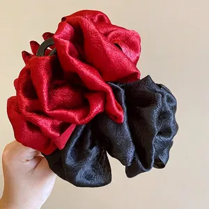 Korean style elegant pleated fabric rose flower hair claw clip in red and black colors