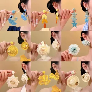 Raffia Handwoven Flower Drop Earrings With Silver Earring Post Bohemian Seaside Vacation Style Floral Stud Earrings For Women