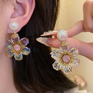 Vintage Iridescent Resin Flower Drop Earrings With 925 Sterling Silver Earring Post Rhinestone Artificial Pearl Elegant Jewelry For Women