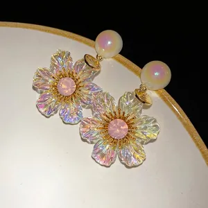 Elegant iridescent resin flower drop earrings with pink rhinestone and pearl studs