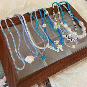 Handmade Colorful Artificial Pearl Beaded Necklace With Lily Of The Valley Flower And Heart Pendant Sweet Fresh Choker Jewelry For Women