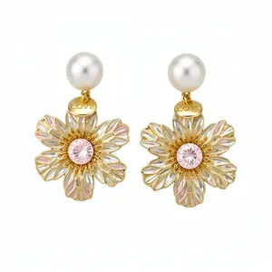 Elegant floral drop earrings with white pearls and pink crystal centers for women