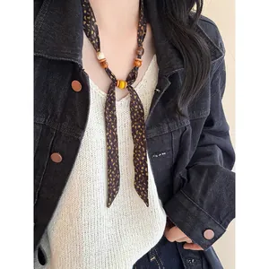 Bohemian cloth chiffon necklace with vintage wood and ceramic beads for women