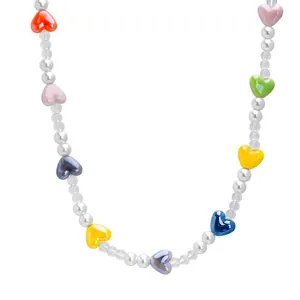 Sweet colorful heart-shaped beaded necklace with elegant white pearls for women