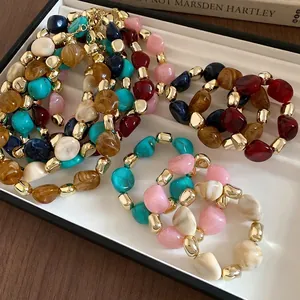 Vintage Irregular Marble Acrylic Beaded Necklace And Bracelet Colorful Resin Beads Alloy Chain For Women Fashion Jewelry