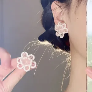 Dainty handmade pink seed bead flower cluster earrings with S925 silver needles for women