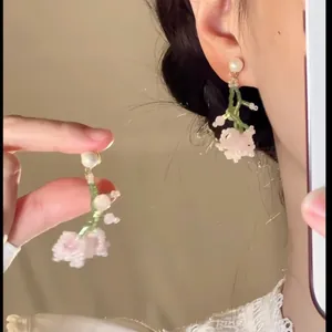 Elegant handmade pink flower beaded cluster drop earrings with pearl studs for women