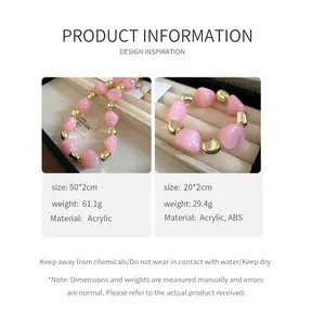 Detailed specifications for pink irregular acrylic beaded necklace and bracelet set.