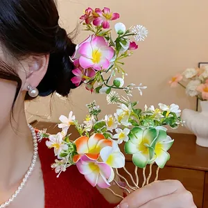 Épingle à Cheveux Fleur en Tissu Doux Faite à la Main Élégante Épingle Florale Mode Fourche à Cheveux en Métal pour Femme