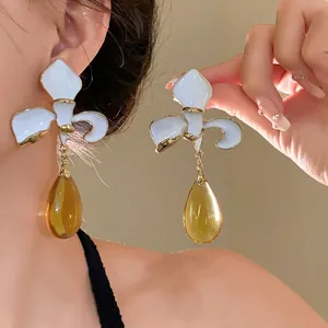 Vintage Palace Style Flower Enamel Waterdrop Tassel Earrings For Women Elegant Exquisite Glass Jewelry Silver Earring Post