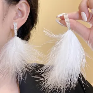 Fashion 925 Sterling Silver Post Feather Tassel Earrings With Zirconia For Women Elegant Long Drop Earrings For Wedding Party