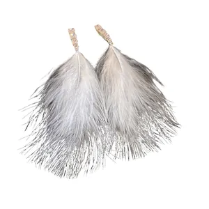 Elegant silver needle zircon stud earrings with fluffy grey feather tassels for women