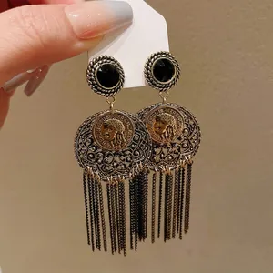 Vintage French Republic Portrait Tassel Drop Earrings With 925 Sterling Silver Earring Post Alloy Rhinestone Jewelry For Women Gift